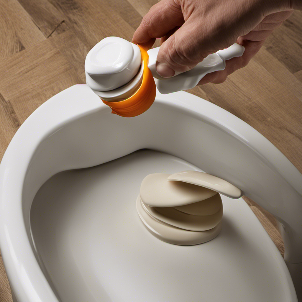 An image showcasing a close-up view of a toilet bowl, with a disassembled wax ring and a new replacement wax ring, along with the necessary tools, illustrating step-by-step instructions for toilet wax ring replacement