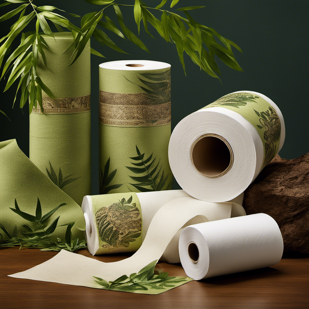 An image showcasing the evolution of toilet paper, starting with ancient methods like leaves and stones, progressing to modern versions, and culminating in an eco-friendly bamboo alternative