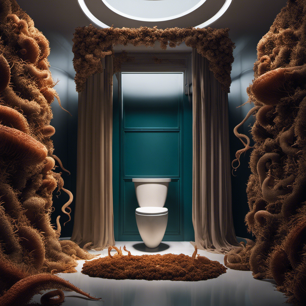 An image of a pristine bathroom, with a seemingly harmless toilet, subtly infested with wriggling, translucent worms