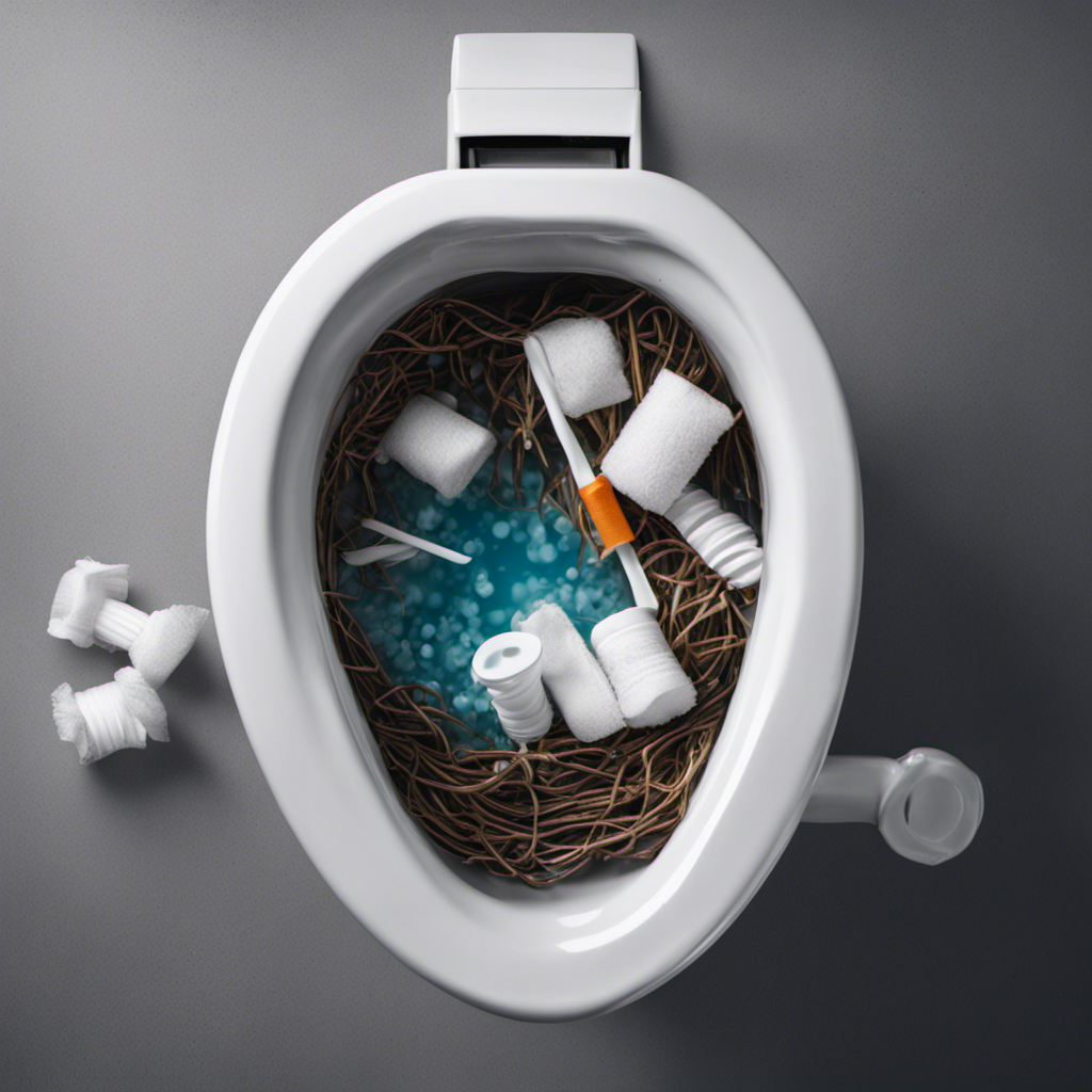 An image displaying a close-up of a clogged toilet bowl, filled with water, tissues, and tangled Q tips, blocking the drain