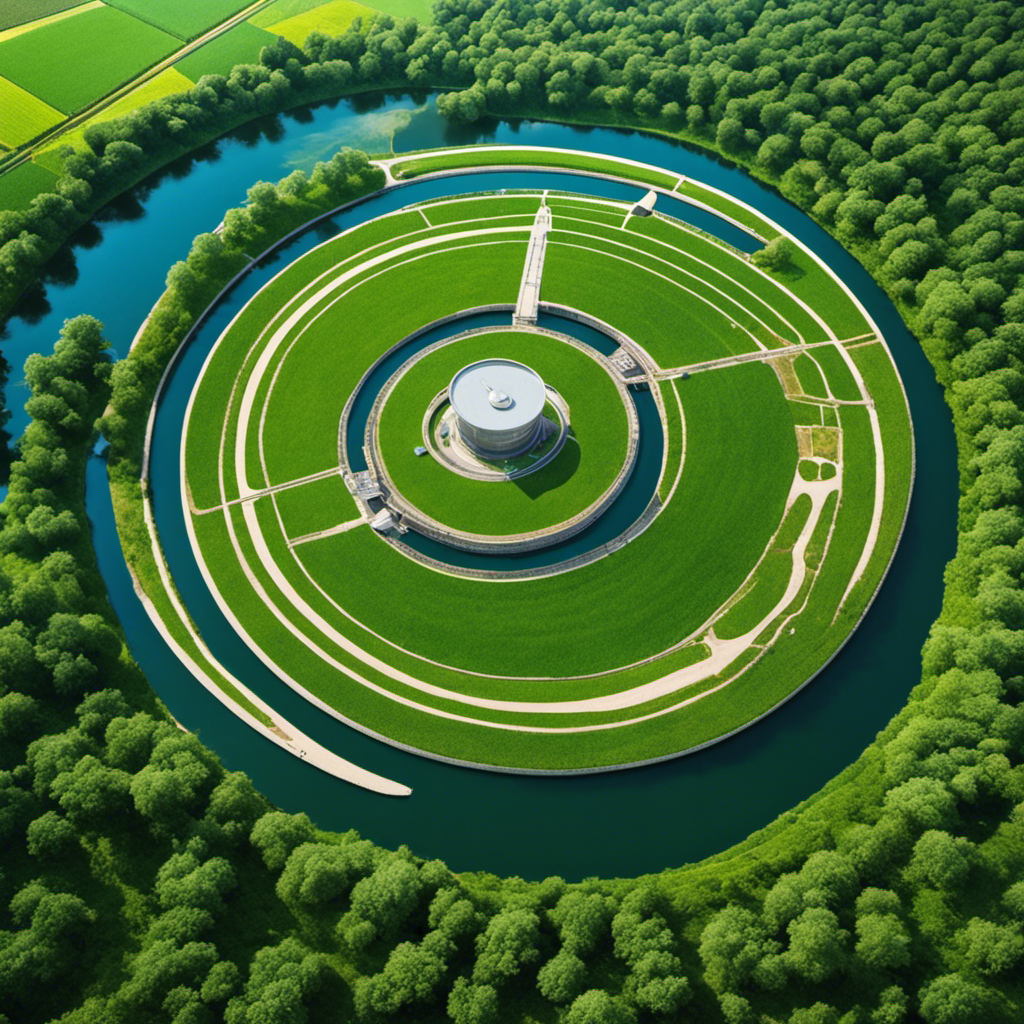 An image showcasing the circular journey of human waste: a lush green field flourishing with vibrant crops, nourished by decomposed waste, surrounded by a serene river flowing into a treatment plant