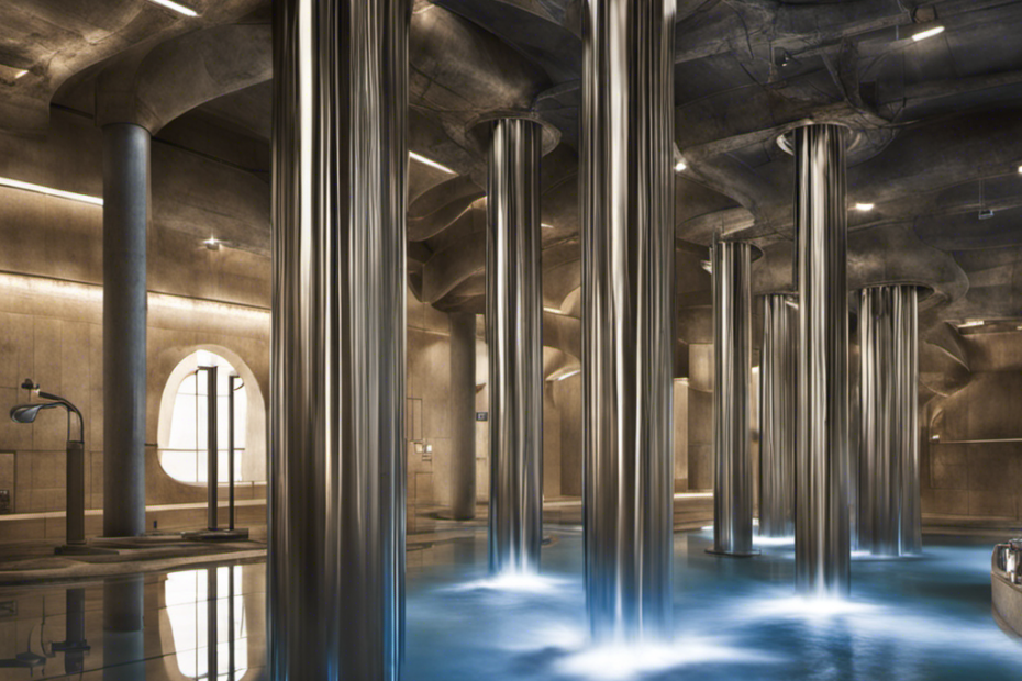 An image capturing the mesmerizing transformation of shower water from swirling down the drain to its intricate journey through pipes, leading to a water treatment facility where it undergoes purification and returns to its purest form