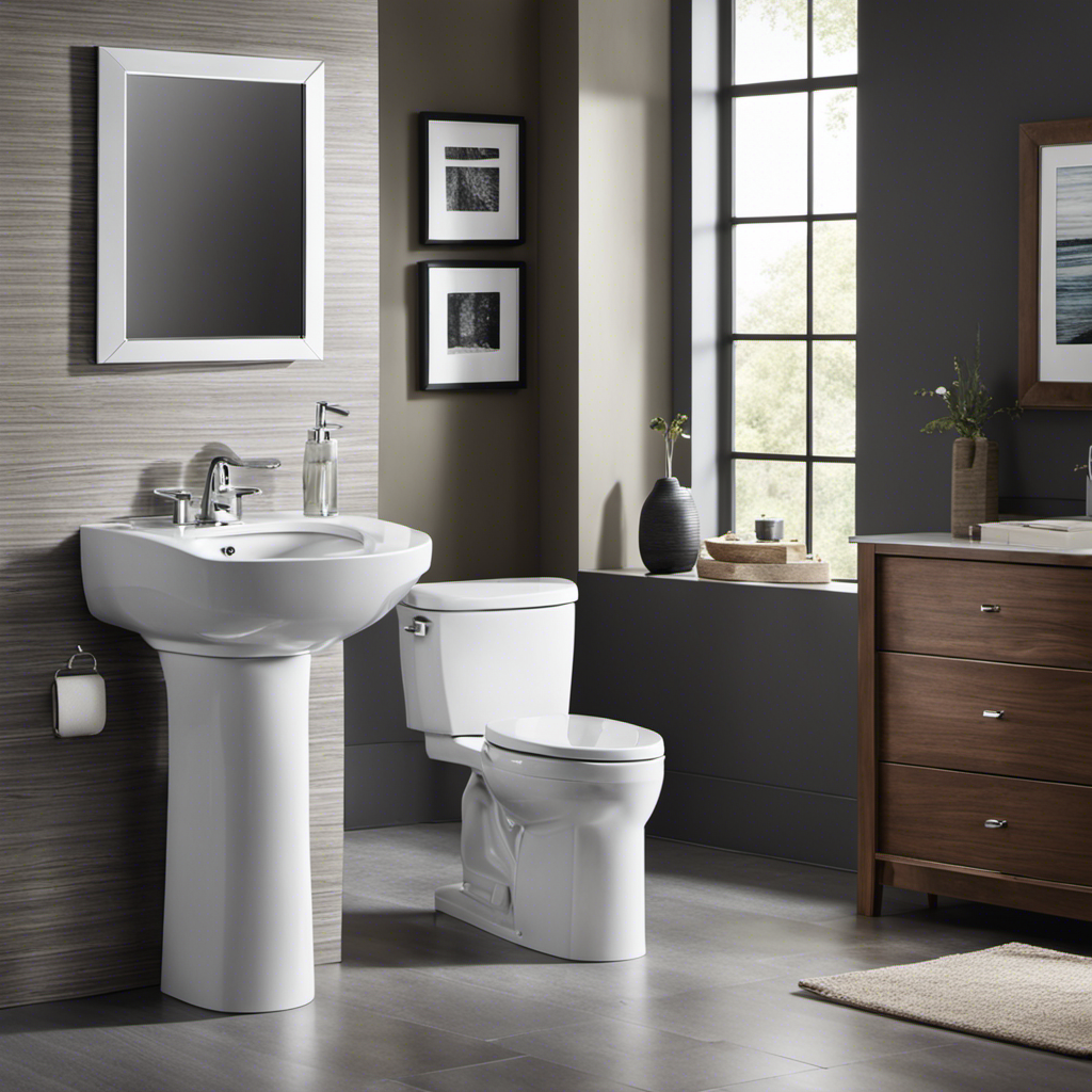 An image showcasing the sleek and streamlined design of the Kohler Cimarron Toilet, with its elegantly curved edges and chrome accents, while highlighting its powerful flushing system through cascading water