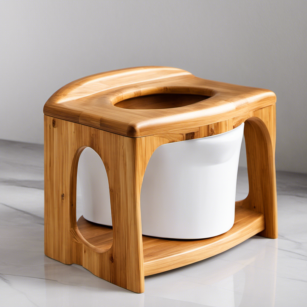 An image showcasing a sleek, ergonomic Bamboo Squatty Potty, made with polished bamboo wood, featuring a comfortable footrest, enhancing natural posture for effortless and comfortable elimination