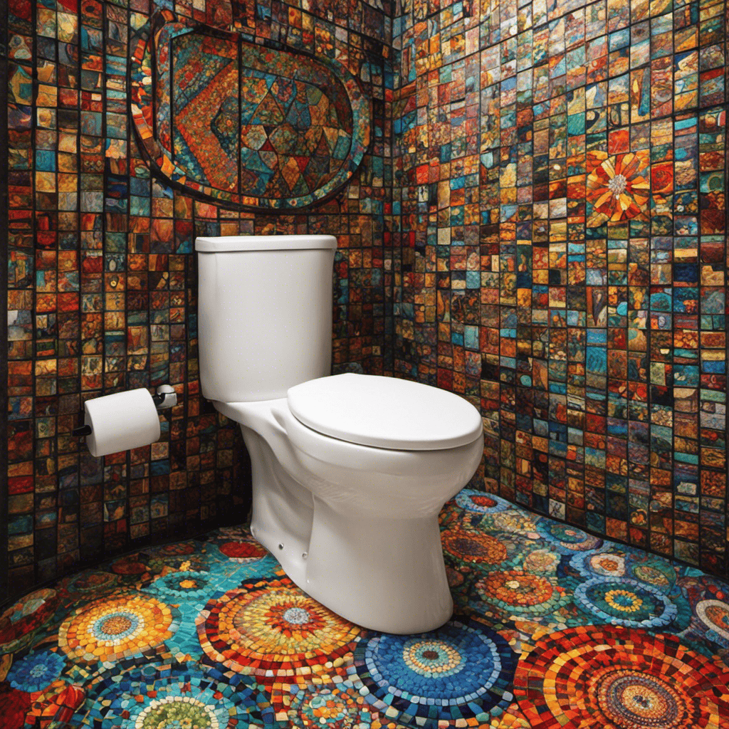 An image showcasing a vibrant mosaic art-inspired toilet seat, adorned with intricate patterns and a kaleidoscope of colors, ideal for those seeking a playful and artistic touch in their bathroom decor