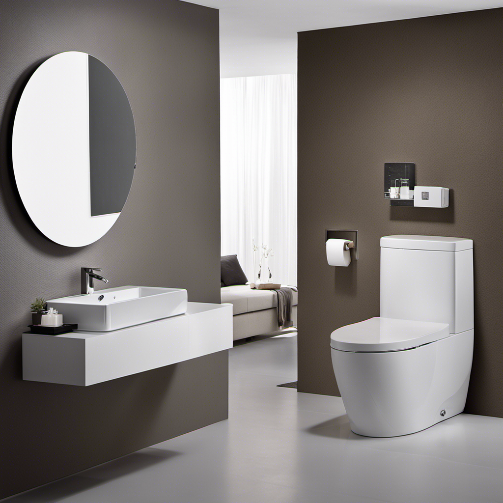 An image showcasing a modern bathroom with a sleek, wall-mounted bidet