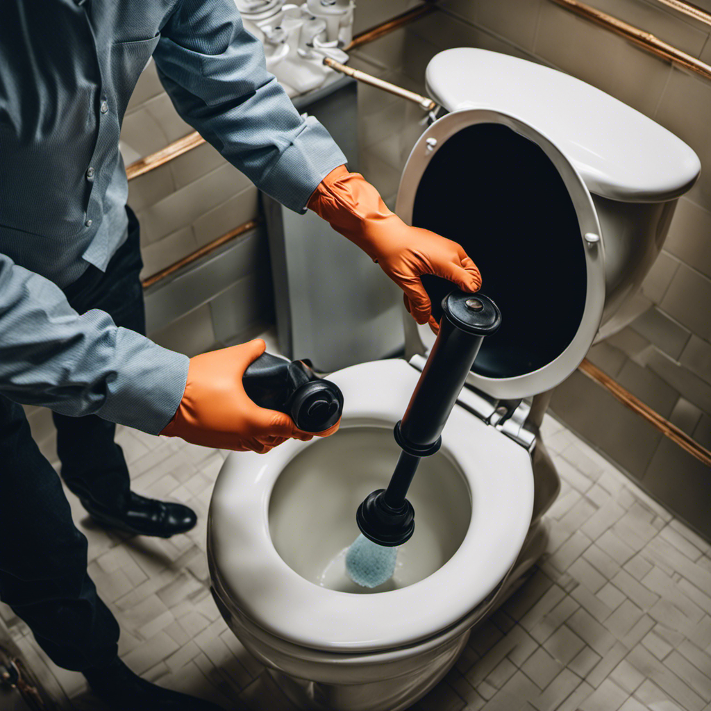 An image showcasing a person wearing rubber gloves, holding a plunger with both hands, as they vigorously plunge a toilet bowl filled with water, demonstrating the process of unclogging a stubborn toilet