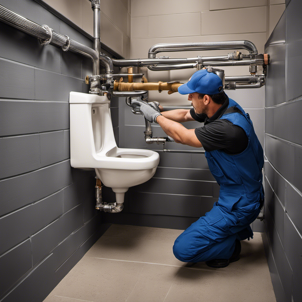 An image showcasing the step-by-step process of installing a urinal: a plumber wearing overalls and gloves, using a wrench to connect pipes, while a level shows the perfect alignment