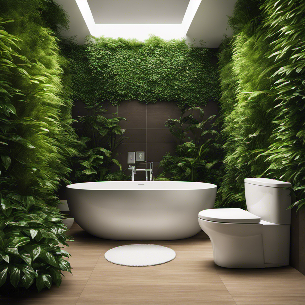 An image showcasing a modern bathroom with a sleek WaterSense toilet, surrounded by lush green plants