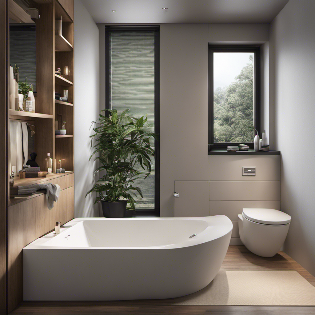 An image showcasing a modern, compact bathroom with a sleek Toto toilet ingeniously integrated into the corner