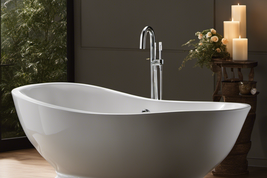 An image capturing the ethereal elegance of a porcelain tub: the smooth, lustrous surface reflecting soft candlelight, delicate water droplets glistening, and the tub's gracefully curved edges inviting relaxation and indulgence