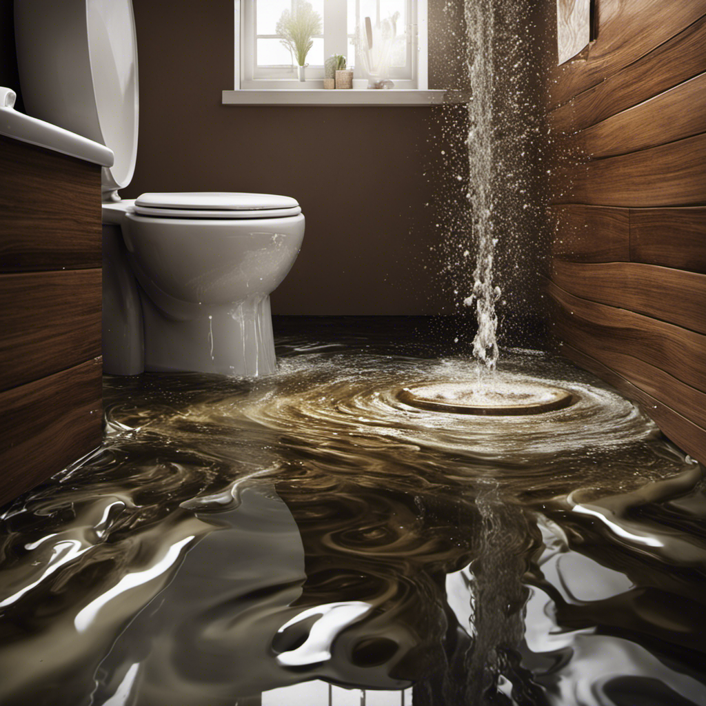 An image capturing the chaos of a overflowing toilet, with murky water cascading over the rim onto the bathroom floor, spreading rapidly and soaking towels, while a plunger lies forgotten nearby