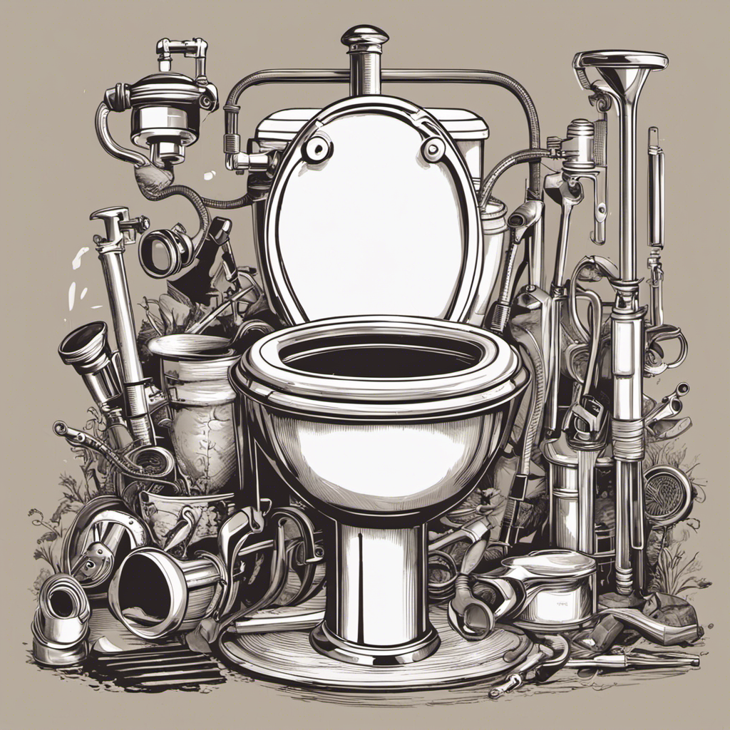 An image of a plumber using a plunger to unclog a toilet, surrounded by a variety of tools such as a drain snake, bucket, and wrench