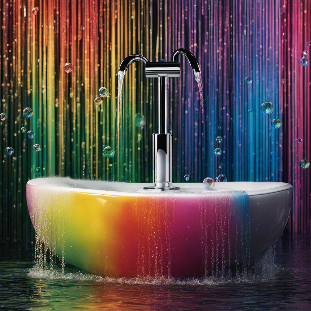An image capturing the unexpected interaction between a vigorous shower and a toilet, as soapy water cascades down the drain, forming mesmerizing bubbles that delicately float above the toilet bowl, reflecting shimmering rainbow hues in the bathroom's soft lighting