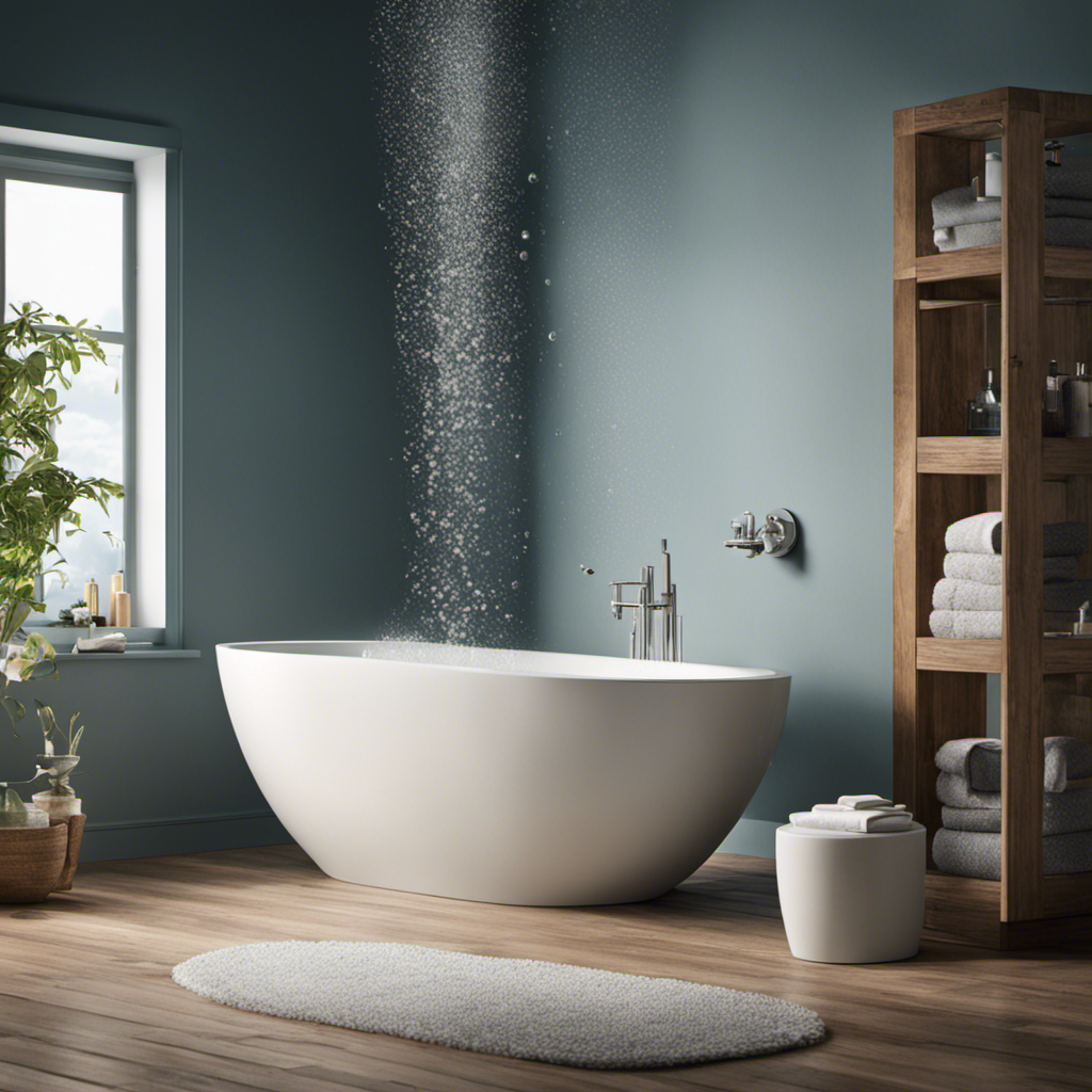 An image showcasing a serene bathroom scene: as the shower runs, delicate bubbles emerge from the toilet bowl, gently floating towards the surface, encapsulating the curious phenomenon of toilet bubbles caused by the running water