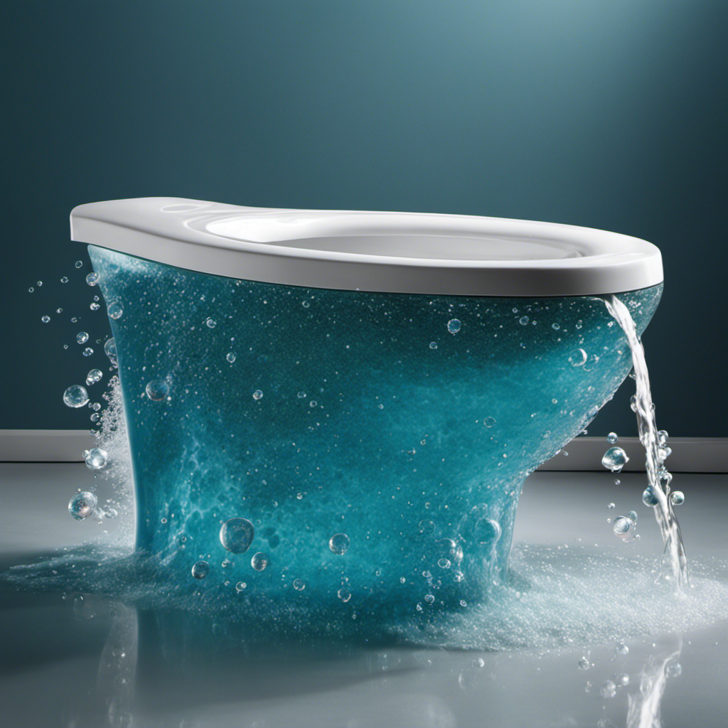 An image capturing a close-up view of a toilet bowl, showcasing water forcefully rushing in, causing vigorous bubbles to rise and overflow, while a plume of foamy suds cascades down the sides