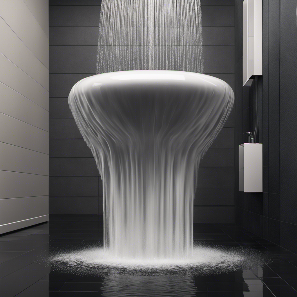 An image showcasing a bathroom scene with a showerhead releasing cascades of water, causing ripples in a toilet bowl