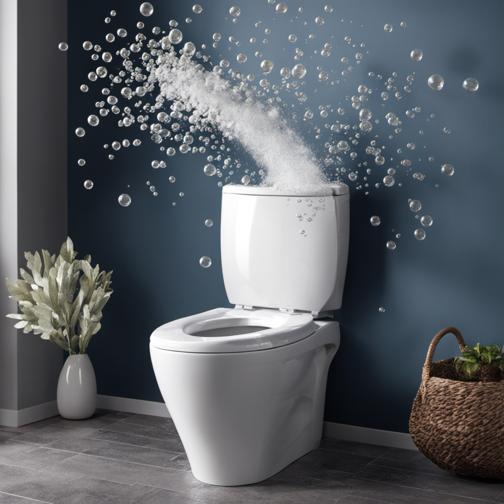 An image capturing the moment when a toilet fills with frothy water, spilling over the rim, as a powerful washing machine drains forcefully, causing bubbles to swirl and pop in a chaotic dance of water and suds