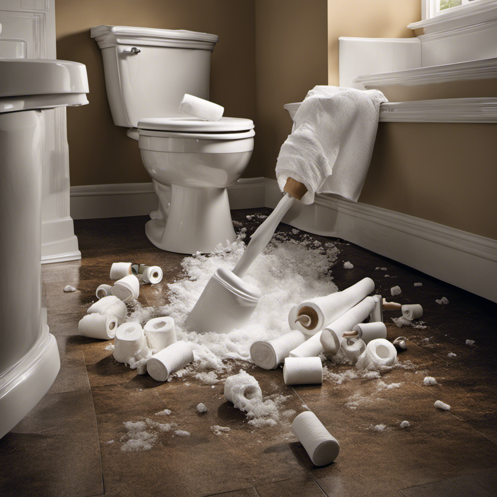 An image capturing the frustrating aftermath of a clogged toilet: a plunger resting beside a heap of soggy toilet paper, water overflowing onto the bathroom tiles, and a grimacing homeowner desperately searching for a solution