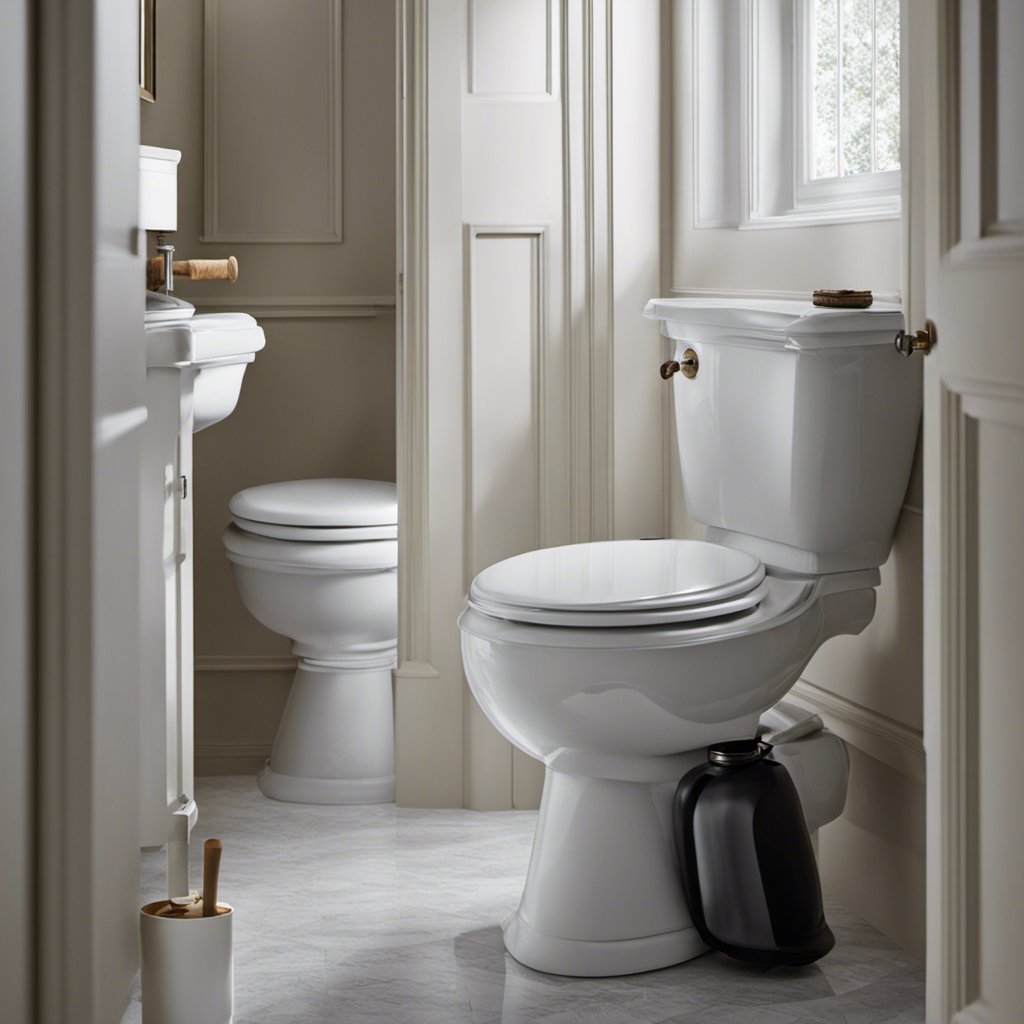 An image capturing a plumber's hand clad in a rubber glove, skillfully maneuvering a sturdy plunger into a pristine toilet bowl