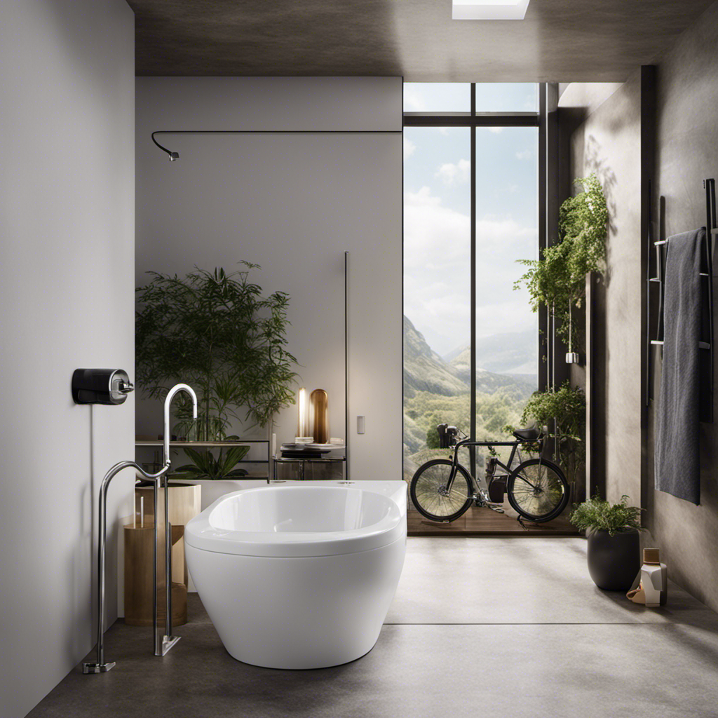 An image capturing a bathroom scene with a person cycling a toilet on and off