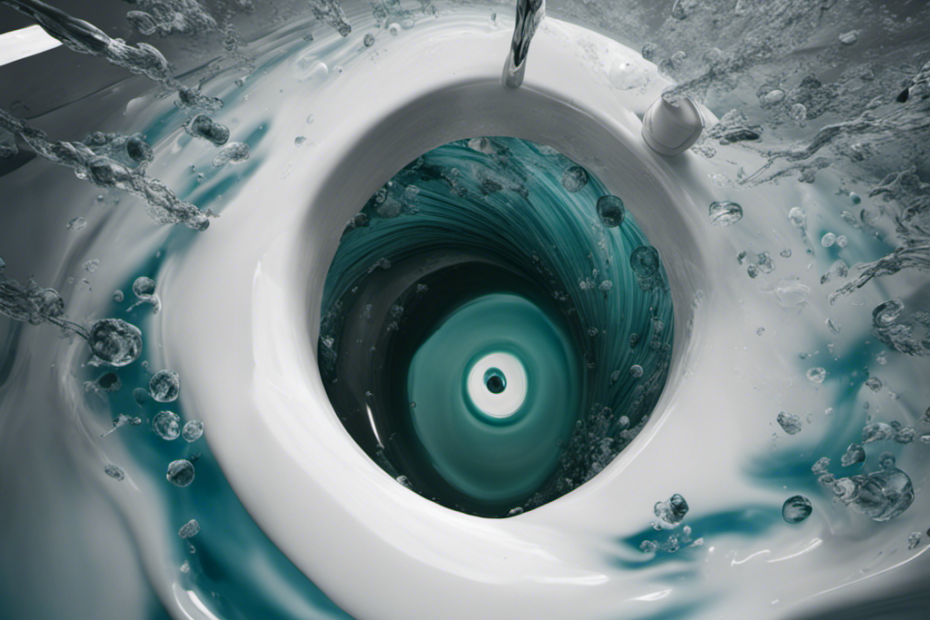 An image capturing the perspective from above a toilet, showcasing the turbulent swirl of water as it drains sluggishly, accompanied by various debris and particles floating within its vortex