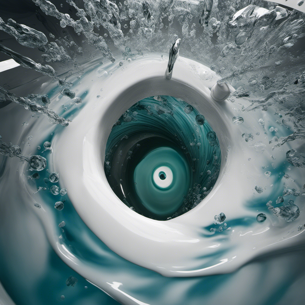 An image capturing the perspective from above a toilet, showcasing the turbulent swirl of water as it drains sluggishly, accompanied by various debris and particles floating within its vortex