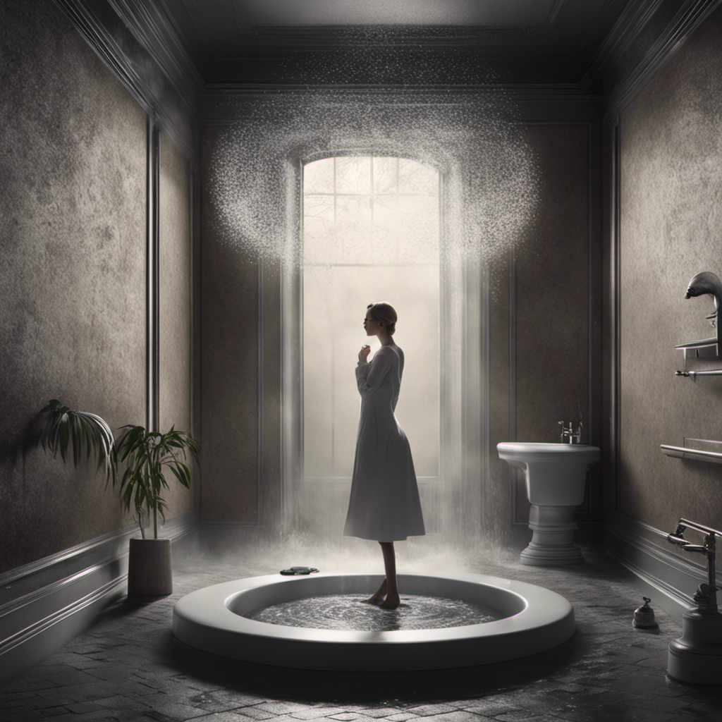 An image showcasing a bathroom scene with a person showering while water spirals down the drain