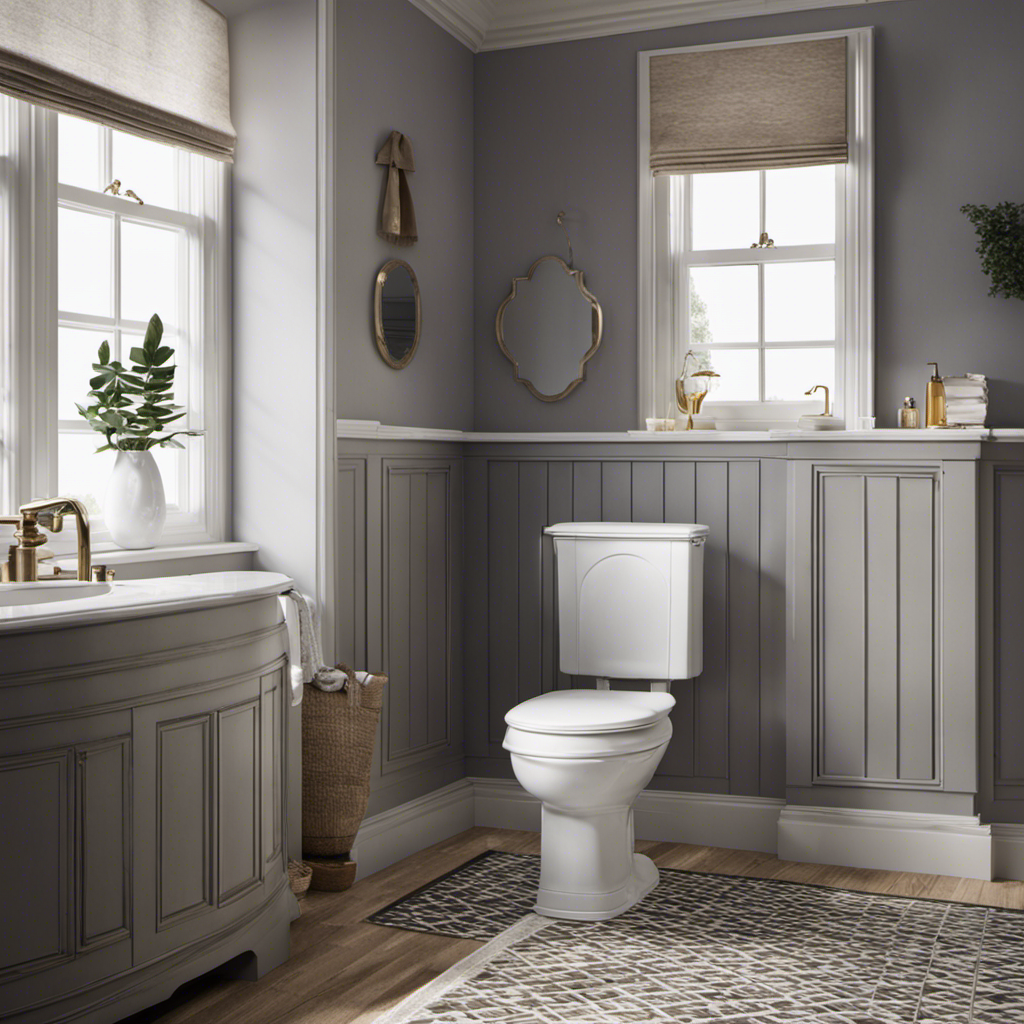 An image showcasing a bathroom scene with a toilet and bathtub