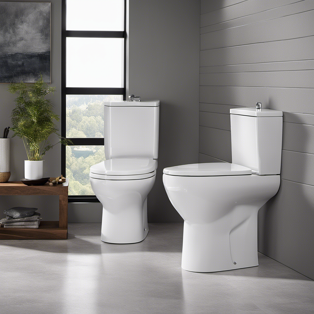 An image showcasing two side-by-side toilets, one with a standard height and the other with a comfort height