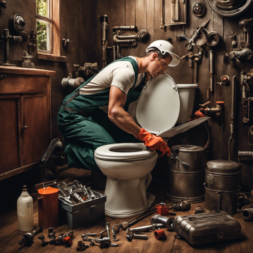 An image showcasing a person wearing rubber gloves, using a wrench to tighten the bolts on a toilet tank