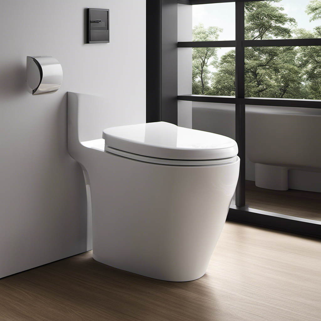 An image of a bathroom with a modern toilet, featuring a clear view of the flushing mechanism