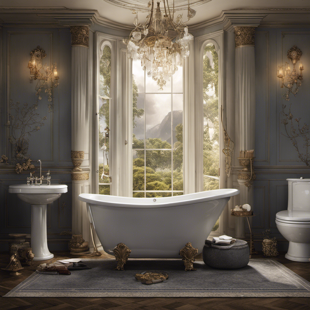 An image depicting a serene bathroom scene with a toilet emitting a thunderous roar, surrounded by perplexed characters covering their ears, highlighting the issue of a toilet making disruptive noises when not in use