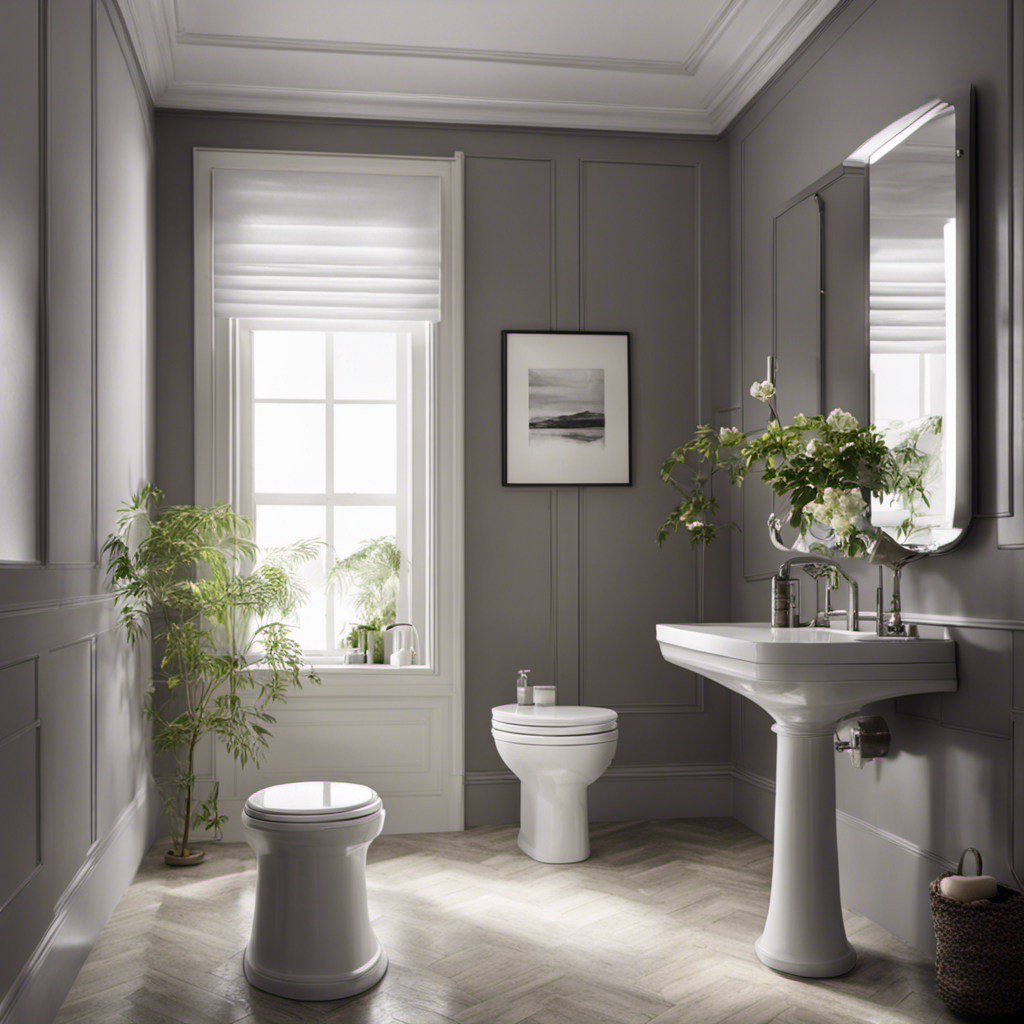 An image showcasing a serene bathroom scene with a toilet in the foreground