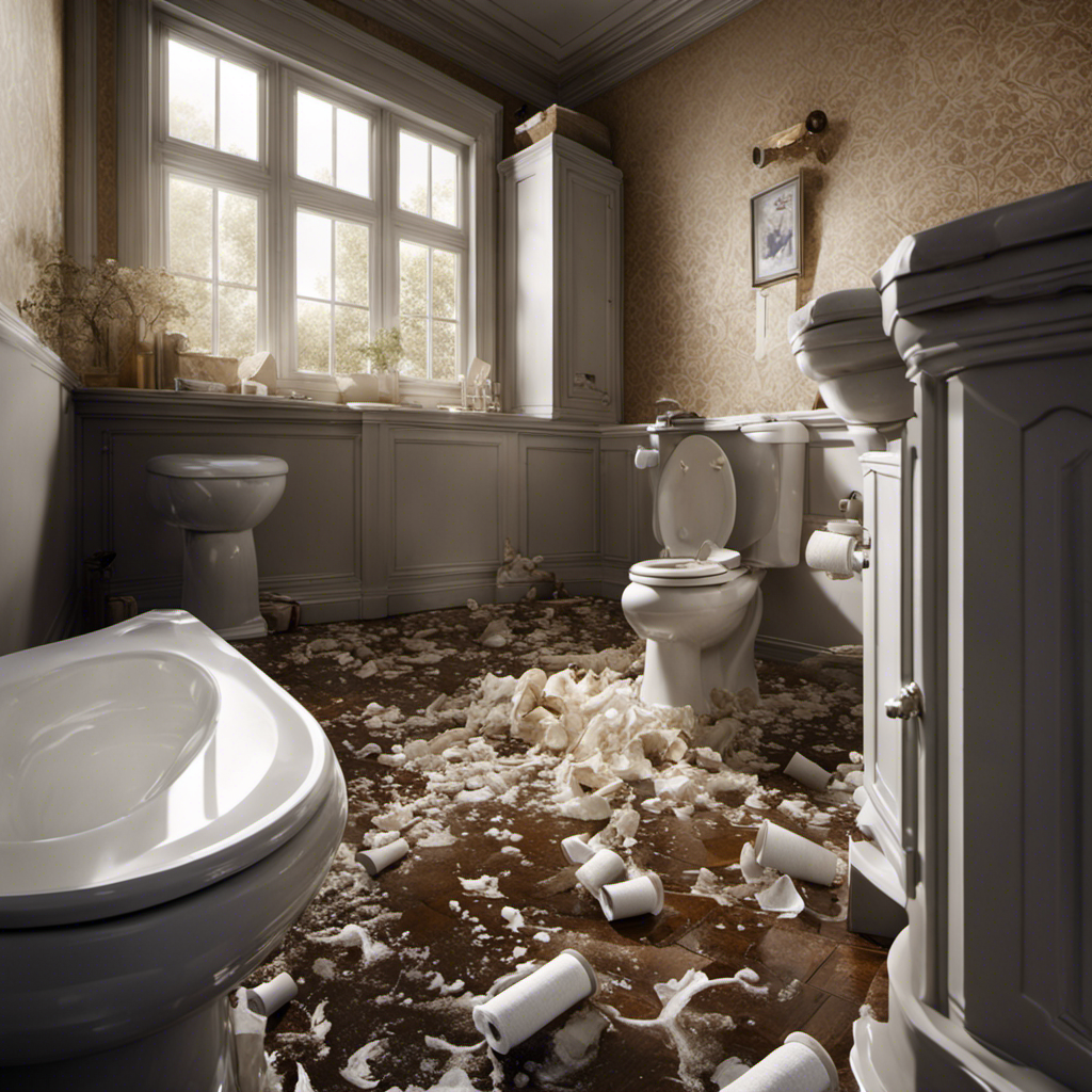 An image capturing the chaotic aftermath of a toilet overflow: water gushing over the rim, spreading across the bathroom floor, while a plunger and soaked toilet paper lie abandoned nearby