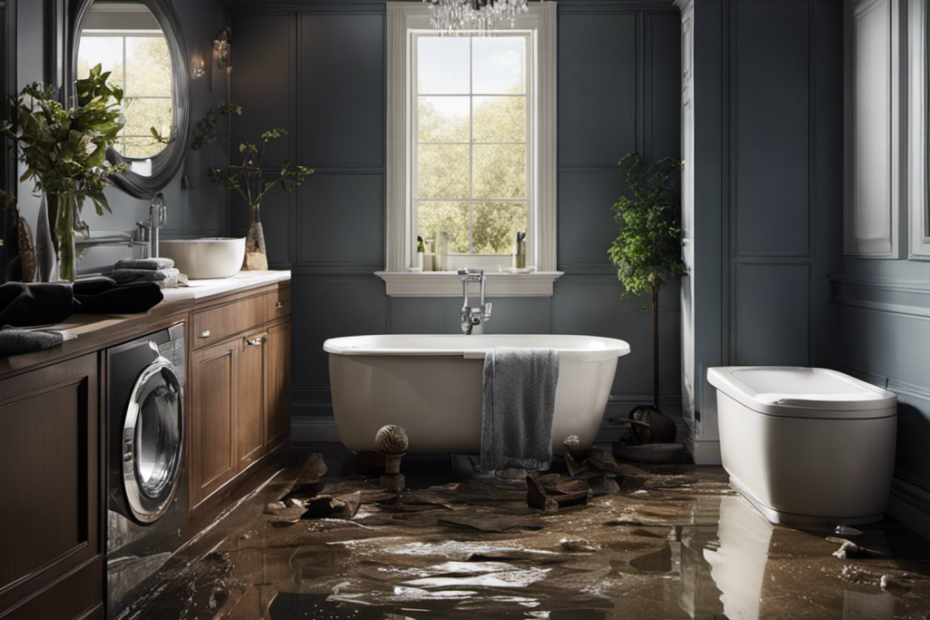 An image capturing the chaos of a bathroom flooded with water as a toilet overflows, while a malfunctioning washing machine drains nearby, leaving puddles and soaked towels scattered on the floor