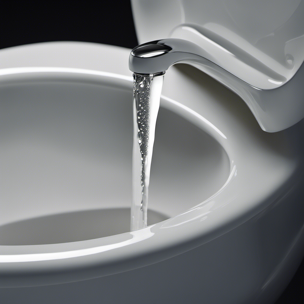 An image capturing a close-up view of a toilet pipe leaking water when flushed, showcasing the clear droplets trickling down the pipe, reflecting the light, while the surrounding area remains dry