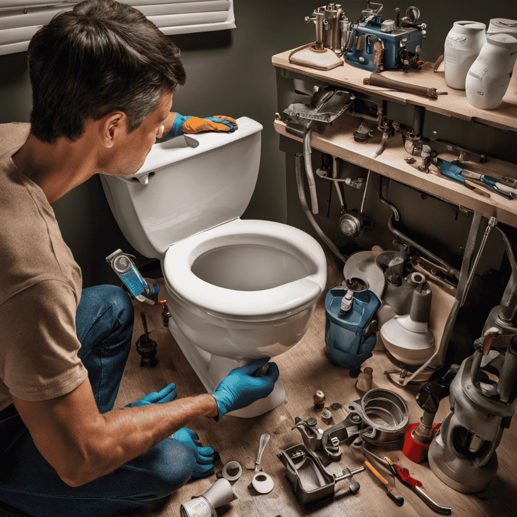 An image showcasing a skilled homeowner wearing gloves, using a wrench to fix a leaky toilet tank while surrounded by various tools, spare parts, and a step-by-step repair guide