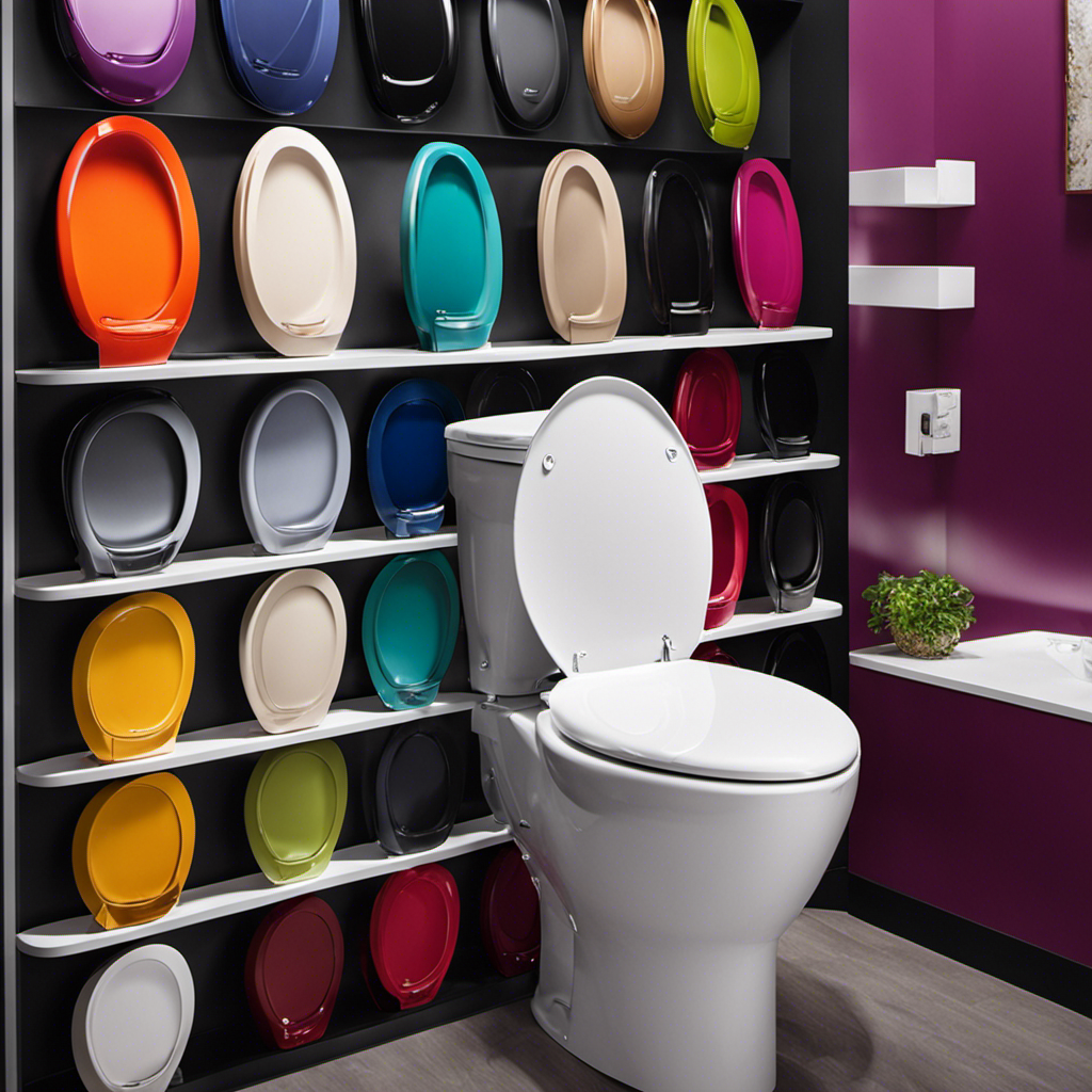 An image showcasing a variety of sleek, modern toilet seats in vibrant colors, neatly arranged on a display shelf