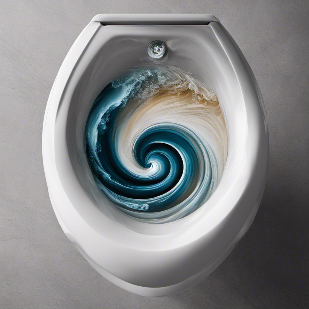 An image capturing the mesmerizing whirlpool effect when a toilet is flushed: a powerful cascade of water spiraling and disappearing into the depths, leaving behind a clear, pristine bowl