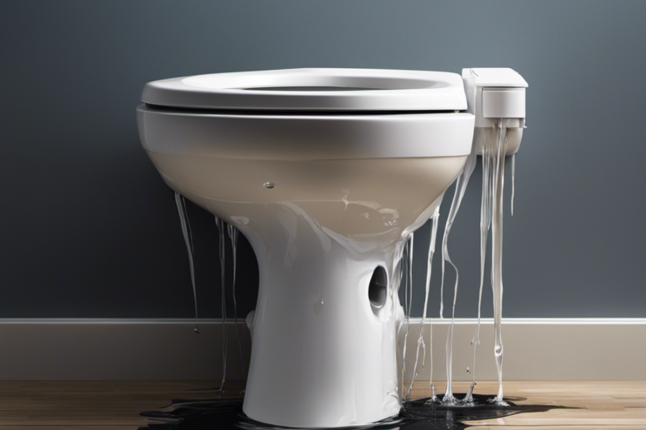 An image depicting a close-up view of a toilet tank with water gushing out of a crack near the flushing mechanism, causing a small pool to form on the floor, highlighting the issue of a leaking tank when flushed