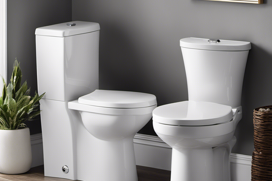 An image showcasing two toilets side by side, one a sleek one-piece design with a seamless silhouette and the other a traditional two-piece model, highlighting their contrasting shapes, sizes, and features