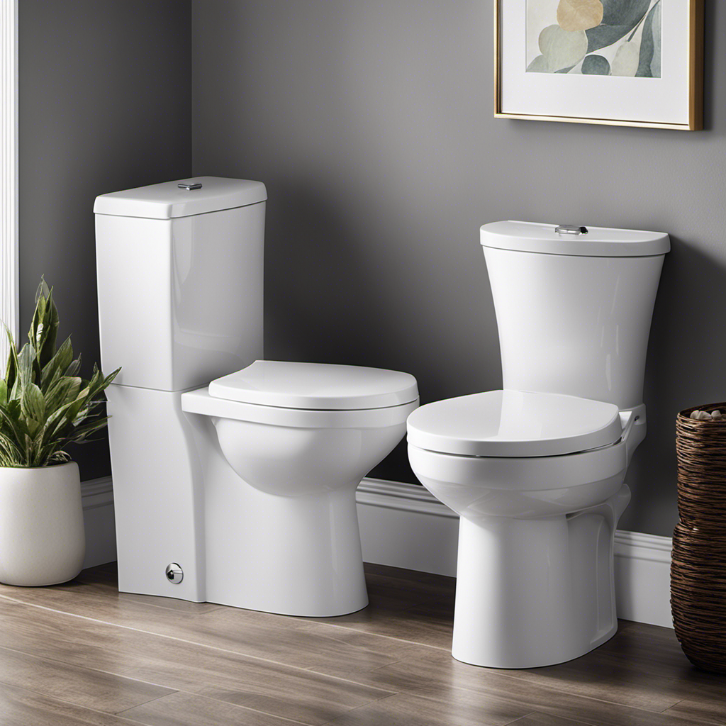 An image showcasing two toilets side by side, one a sleek one-piece design with a seamless silhouette and the other a traditional two-piece model, highlighting their contrasting shapes, sizes, and features