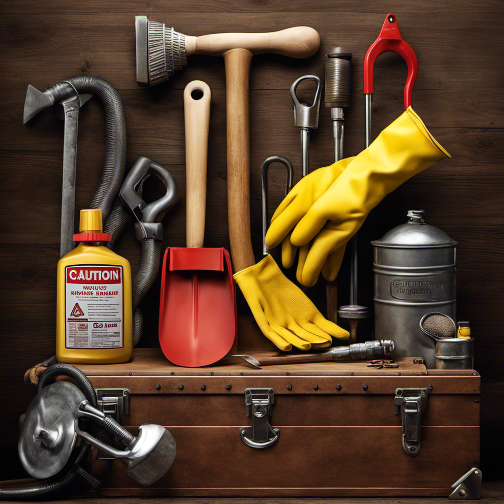 An image depicting a pair of rubber gloves holding a plunger, surrounded by caution signs and a toolbox containing a wrench, snake, and drain cleaner