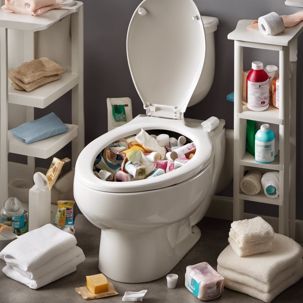 An image showcasing a close-up view of a toilet bowl filled with items that commonly cause clogs: excessive toilet paper, feminine products, baby wipes, and foreign objects like toys or cell phones