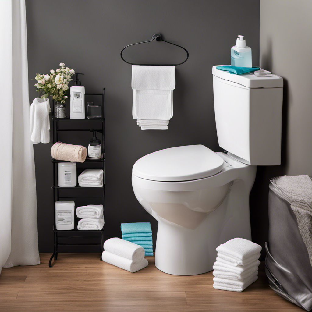 An image of a hand placing a small waste bin beside a toilet, filled with an assortment of items such as feminine hygiene products, paper towels, and wipes