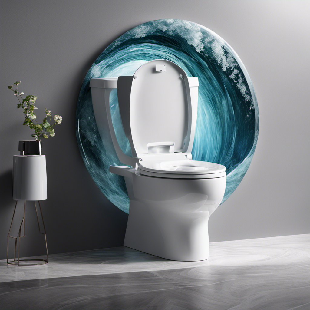 An image capturing the dramatic moment when a powerful flush engulfs the toilet bowl, showcasing swirling currents of crystal-clear water spiraling from the center and rising towards the rim, brimming with force and energy