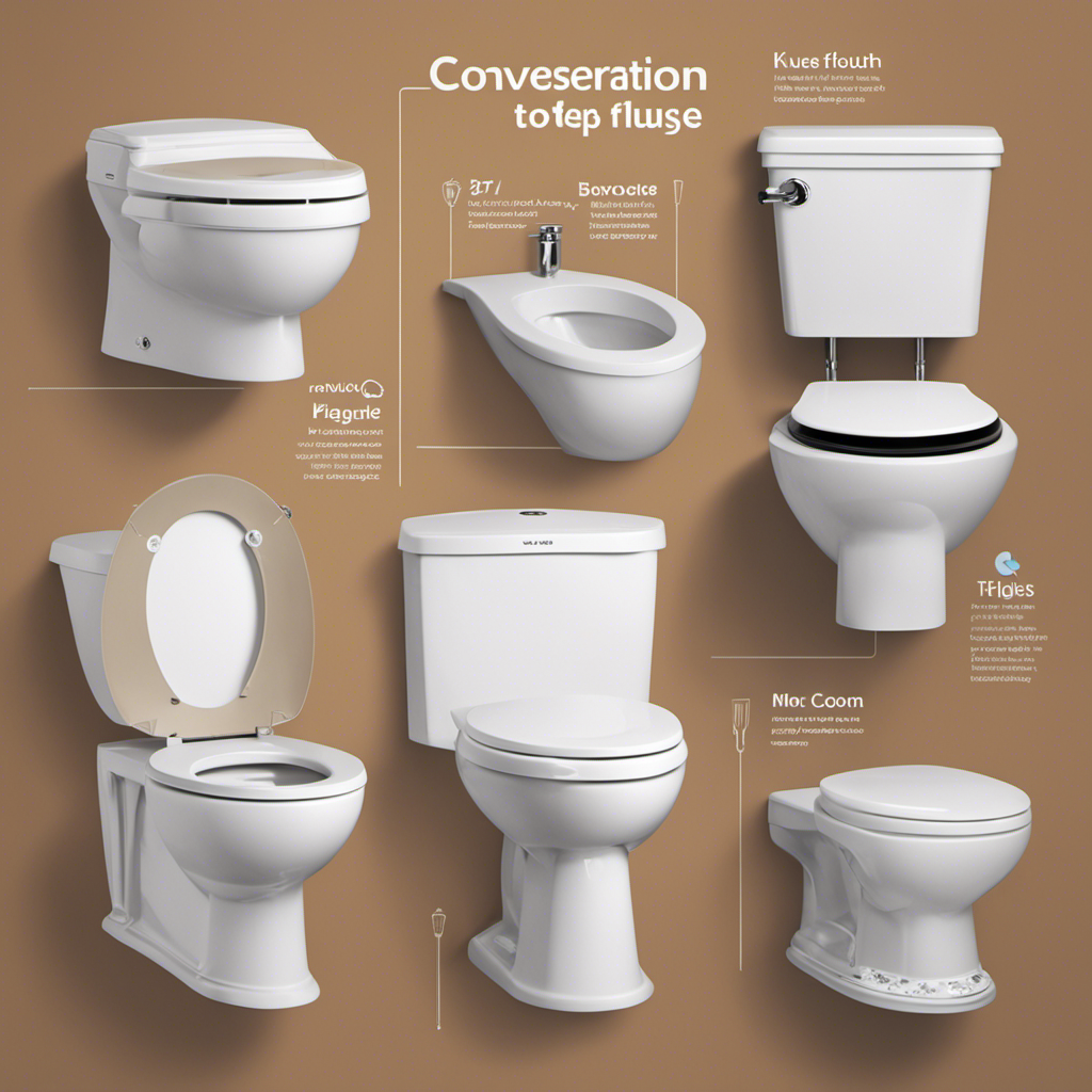 An image capturing the diversity of toilet water usage factors and water conservation tips: showcase various toilets, including dual-flush and low-flow models, alongside icons representing key conservation tips like adjusting flush volume and fixing leaks