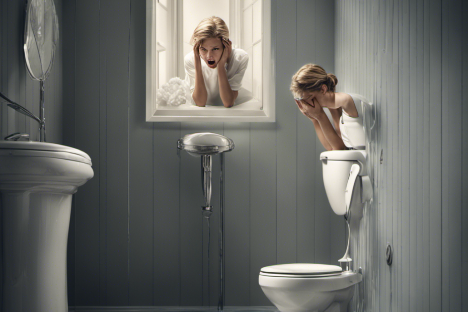 An image capturing the frustration of a person standing beside a toilet, their hands covering their ears, as water forcefully swirls down the drain