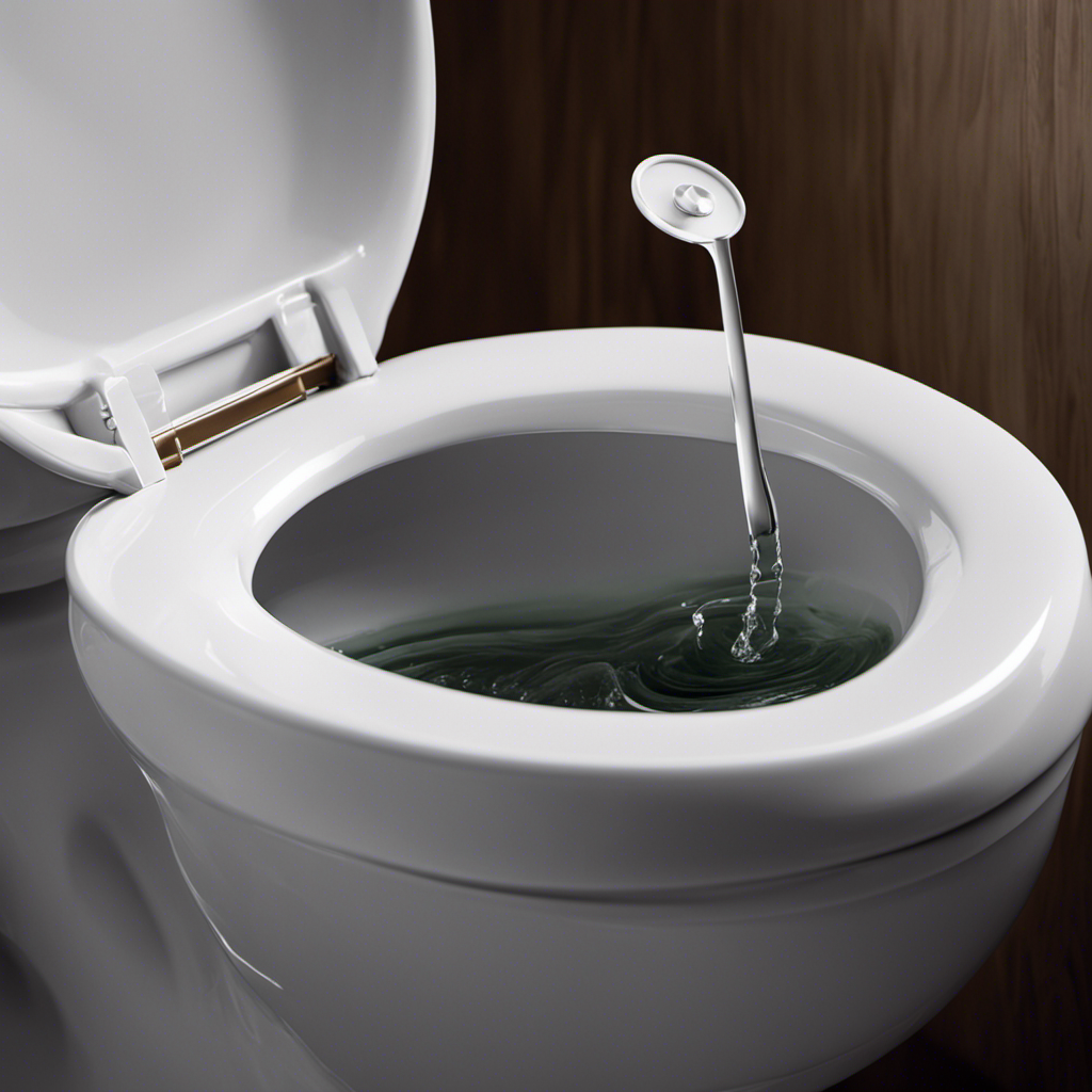 An image showcasing a close-up of a toilet bowl, water swirling down with force, while a small whistle perched on the rim emits a high-pitched sound, capturing the surprising phenomenon of a whistling toilet